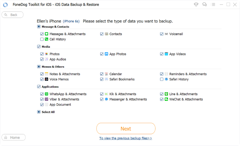 Faça backup de dados usando backup e restauração de dados do FoneDog iOS