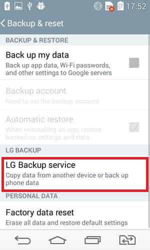 Clique em LG Backup Services para restaurar mensagens