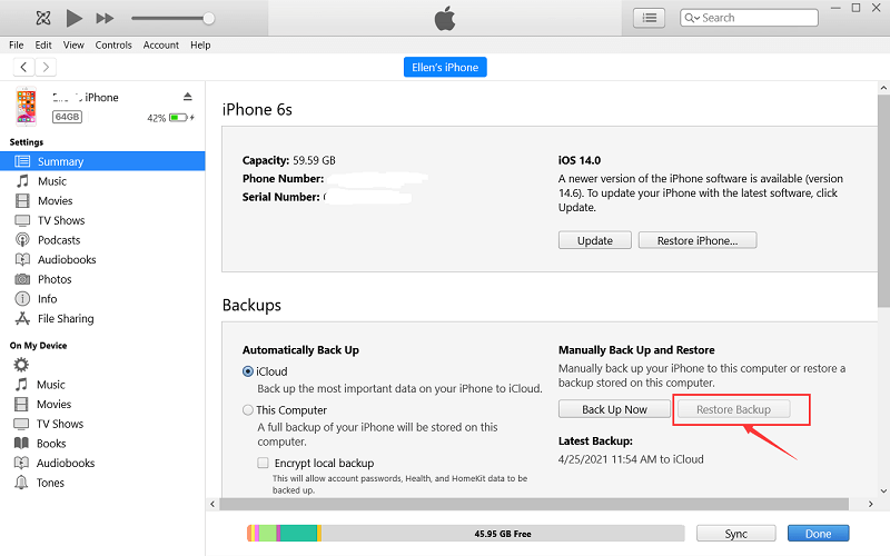 Återställ raderad skärminspelning med iTunes Backup