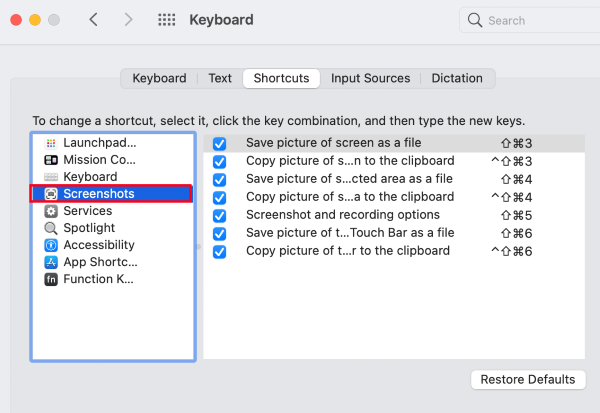 Revise as configurações de atalho do teclado quando as capturas de tela não funcionarem