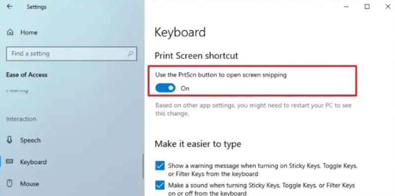 Turn on Print Screen Shortcut to Fix Print Screen Not Working Issue